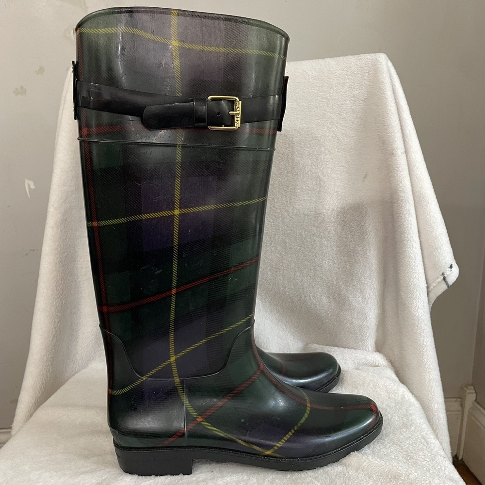 Lauren Ralph Lauren Rossalyn II Plaid Knee High Rain Boots Size 10